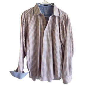 Bugatchi Uomo Mens Classic Fit Button‎ Down Shirt Orange Blue Check Cotton L